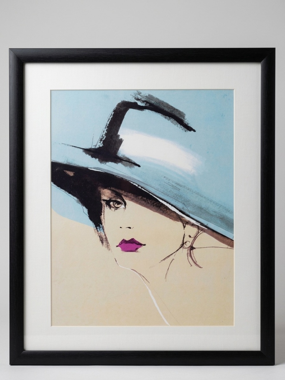 Framed Fashion Illustration Print Featuring Elegant Woman in Blue Hat
